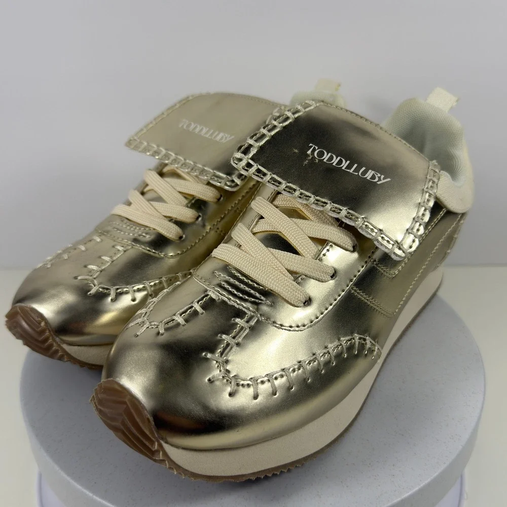 Toddlluby Women's‎ Sneakers Gold Metallic Lace Up Fashion Shoes Size 9 EU40